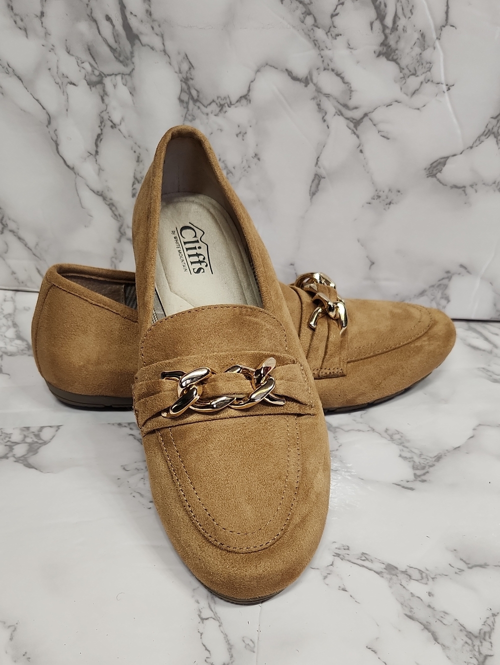 Cliffs by WHITE MOUNTAIN Tan Suede Loafers with Gold Chain